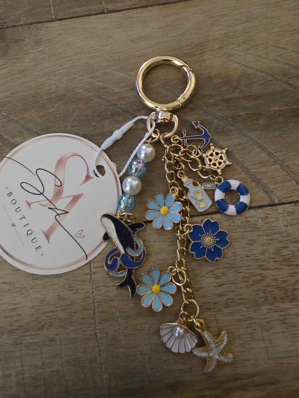 Nautical Floral Bag Charm Keychain - Blue & White